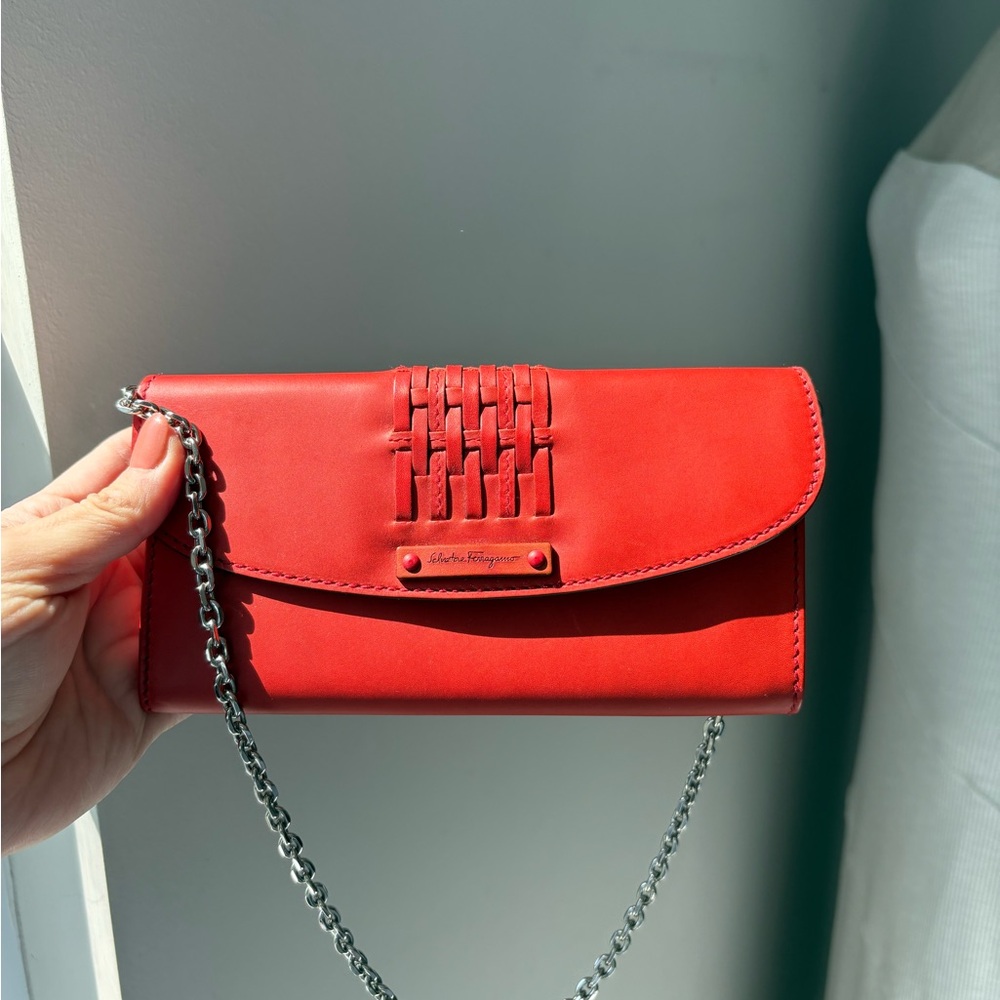 Salvatore Ferragamo Red Leather Woven Flap Wallet